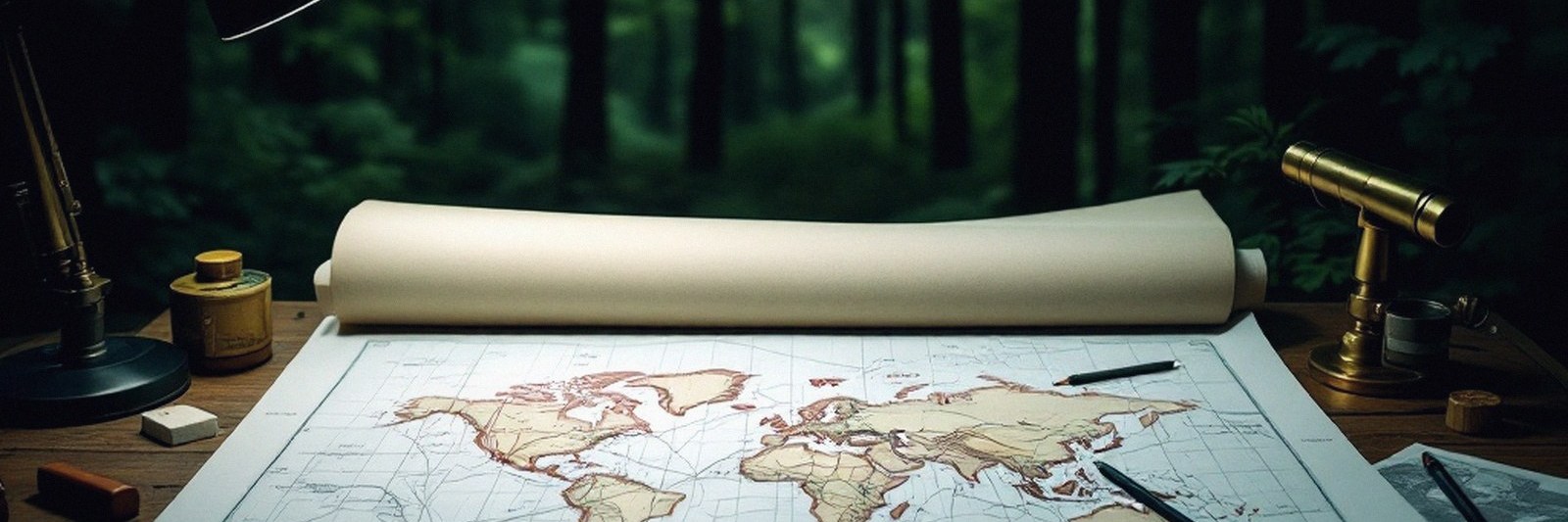 Dark forest above a rolled sheet and a printed world map