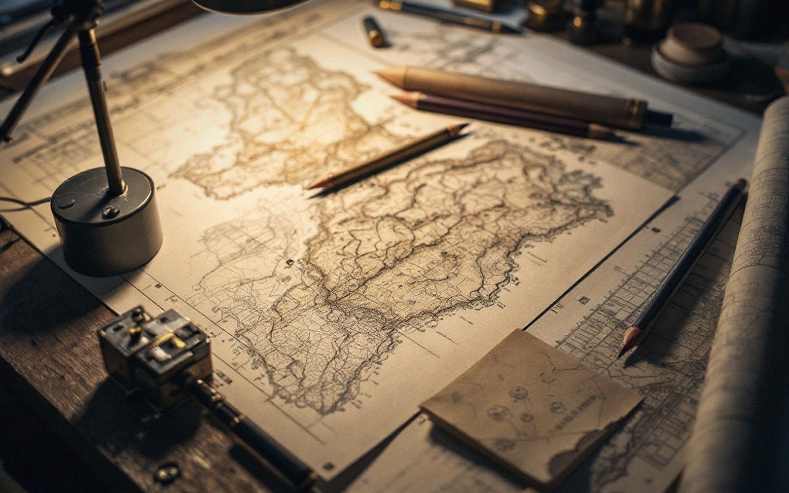 A lamplit desk with an old chart and drawing instruments