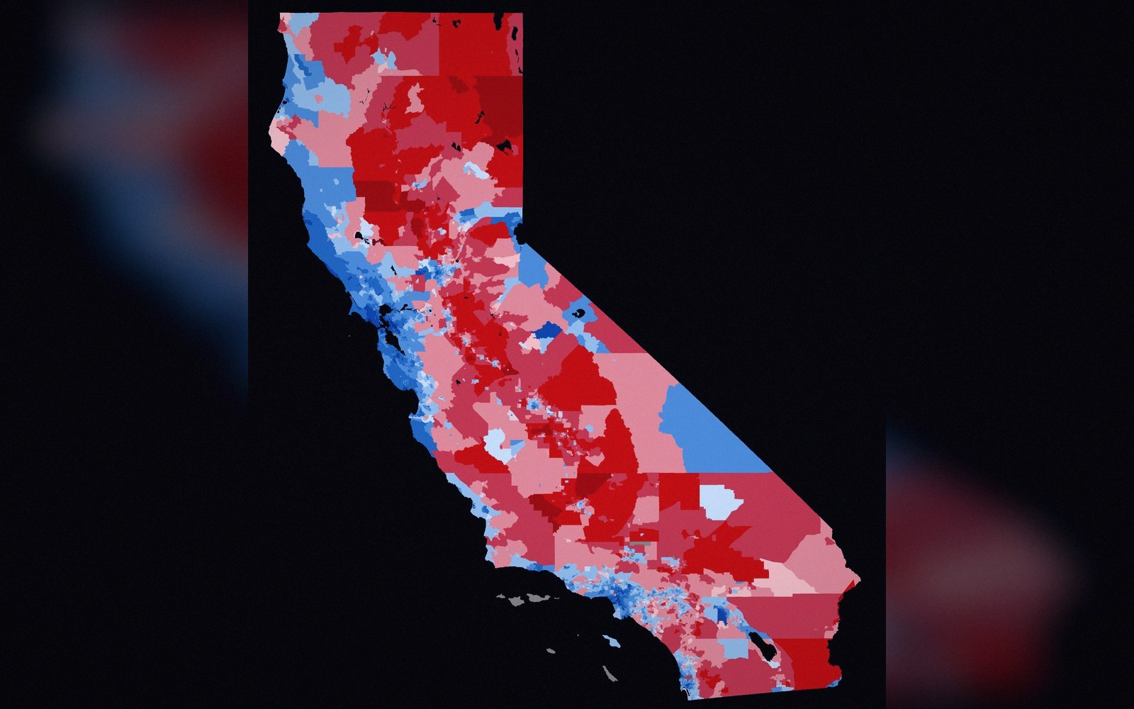 A choropleth map of California in red and blue on a black ground