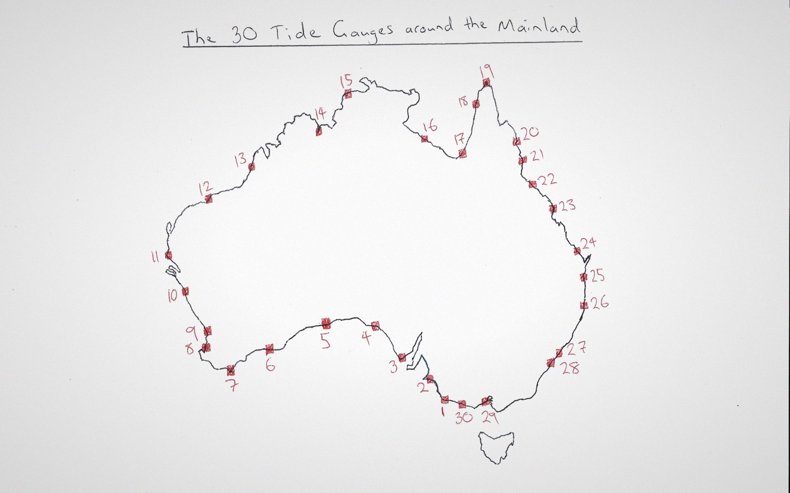 A hand-drawn outline of Australia annotated with survey stations in red