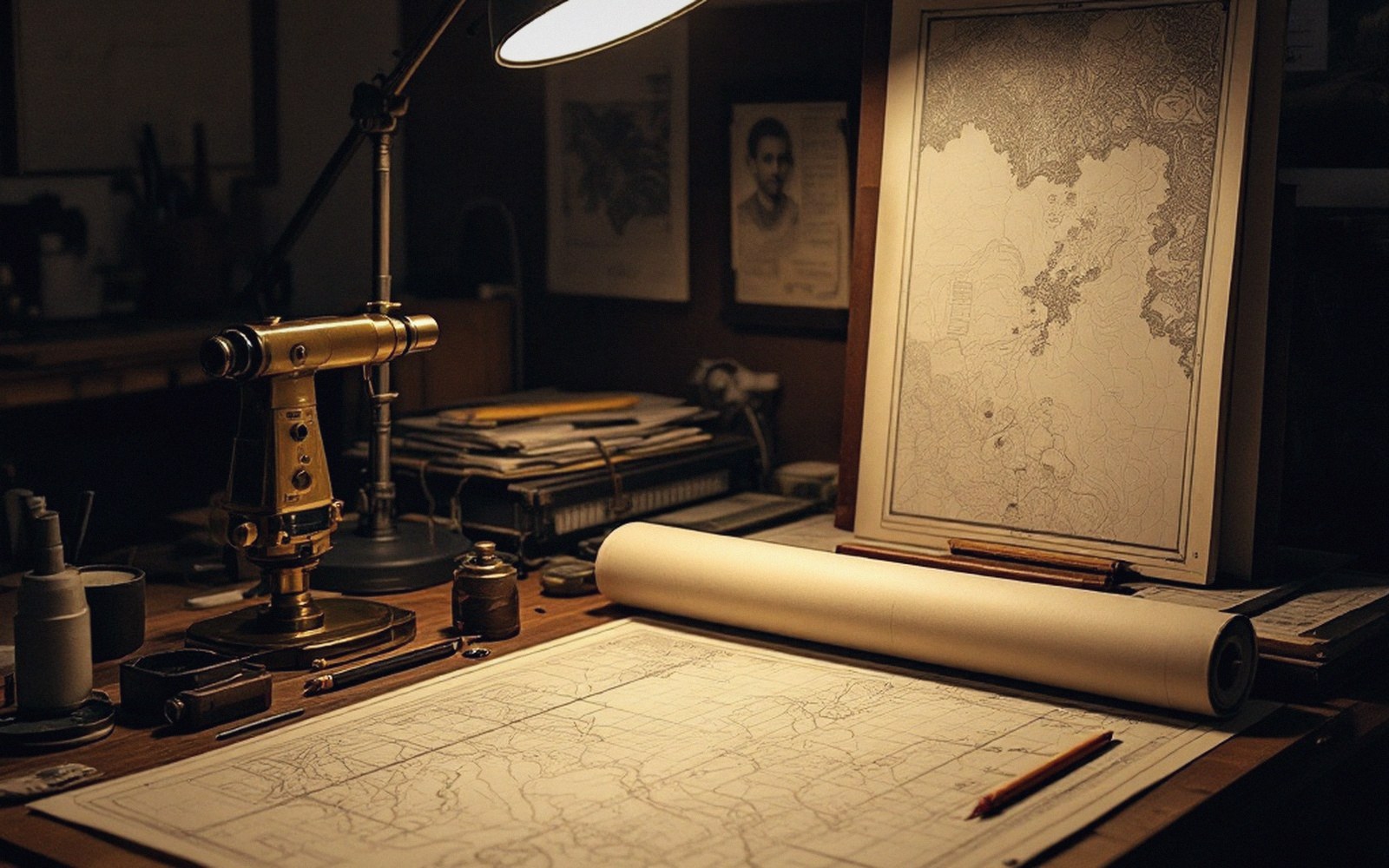 A lamplit desk with a rolled chart and a telescope