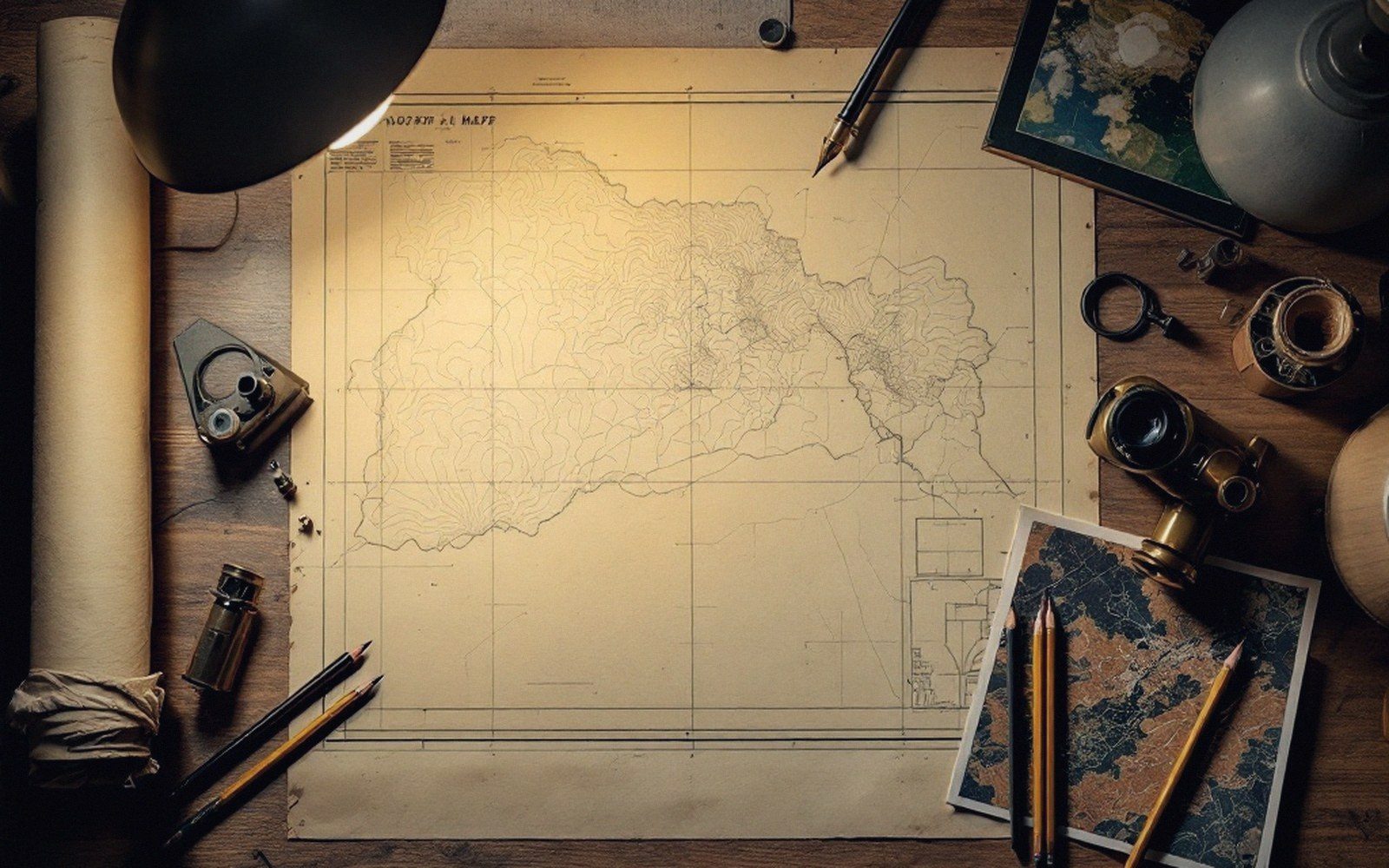 An overhead view of a drafting desk with a lamp, dividers and a blank sheet