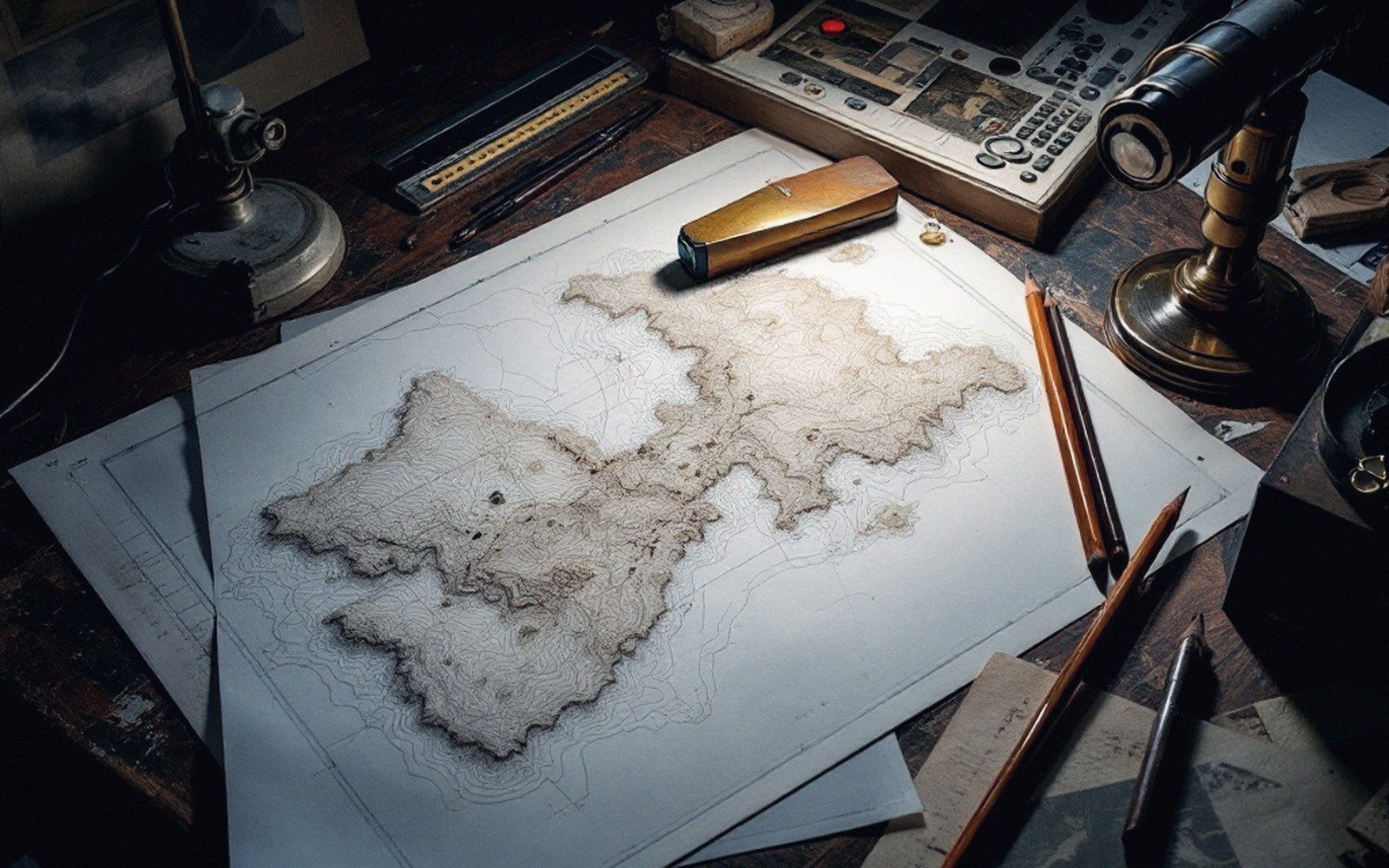 A cluttered drafting desk with a coastline drawing under working tools