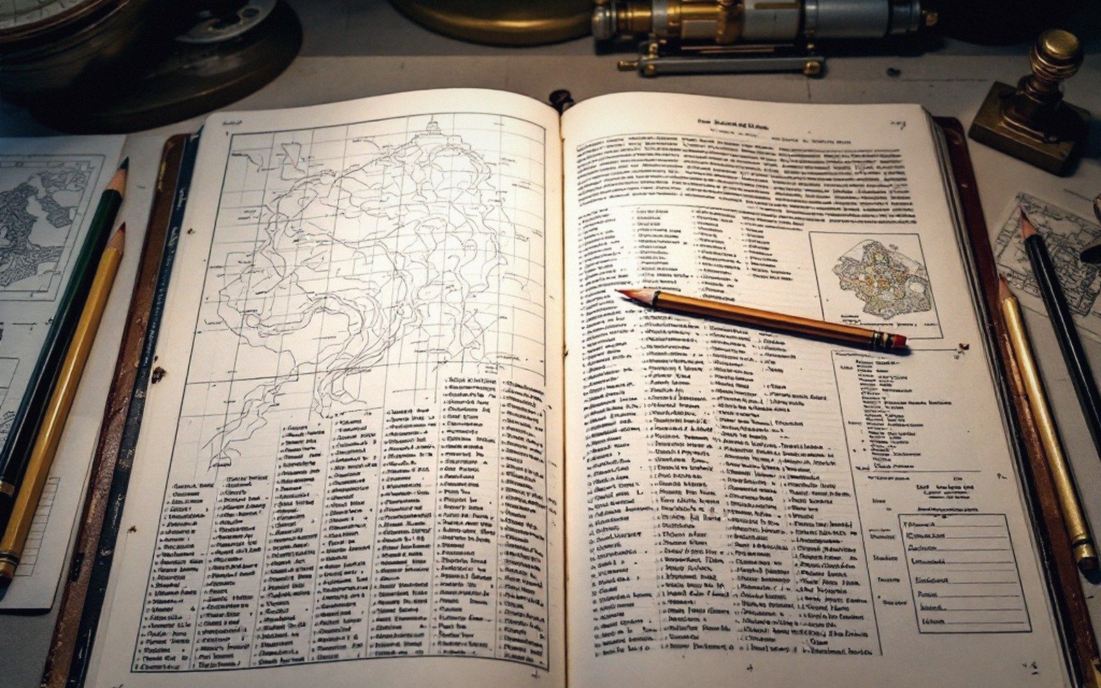 A gazetteer volume open on a desk, a name list beside an index map