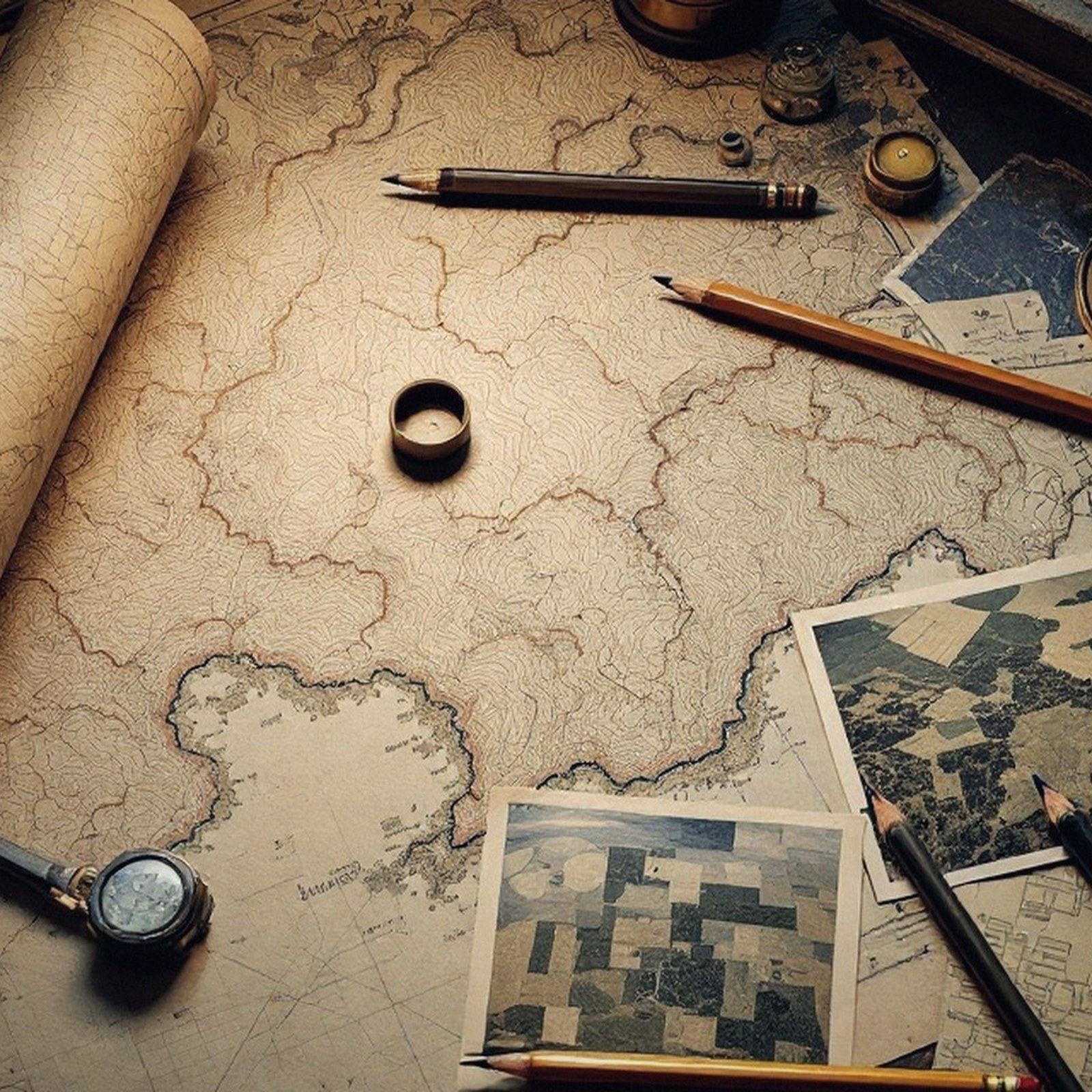 A contour chart with a pencil and small aerial prints laid beside it