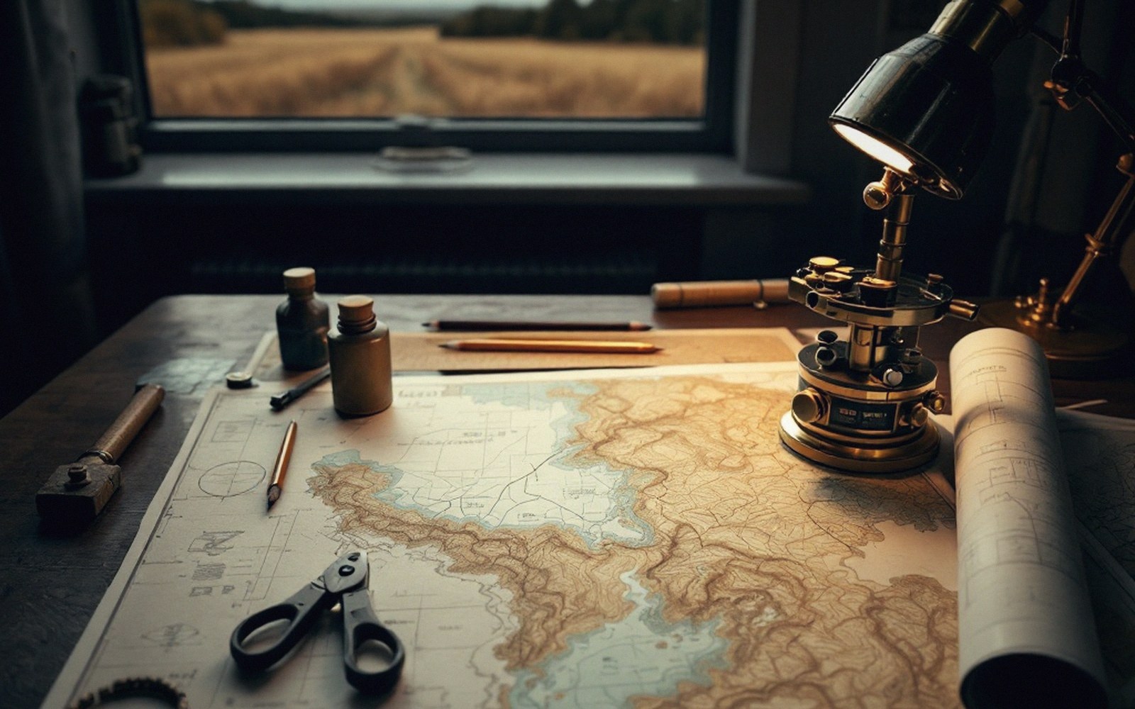 A survey instrument on a desk beside a window, a map and drawing tools laid out