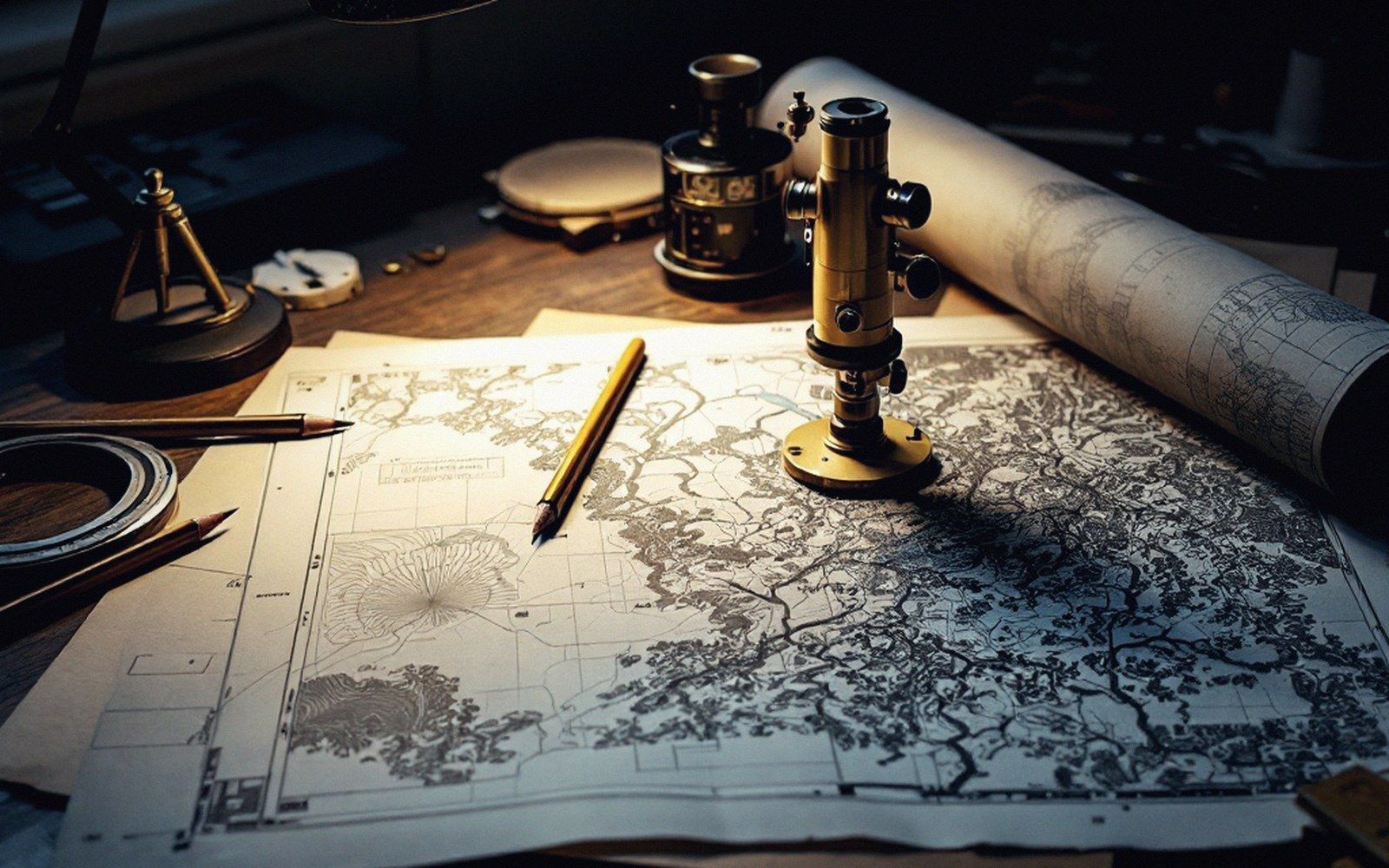 A lamplit desk with rolled charts, a brass instrument and pencils
