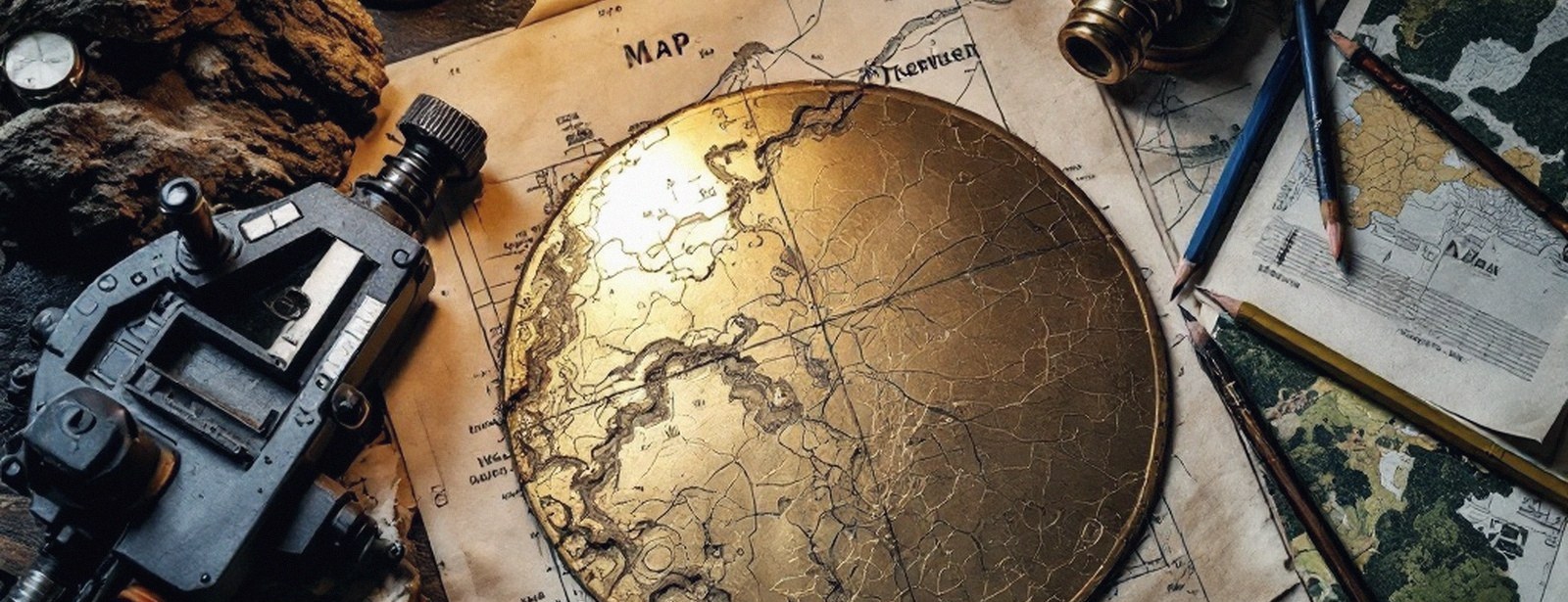 A gilded globe lying on charts beside a camera lens